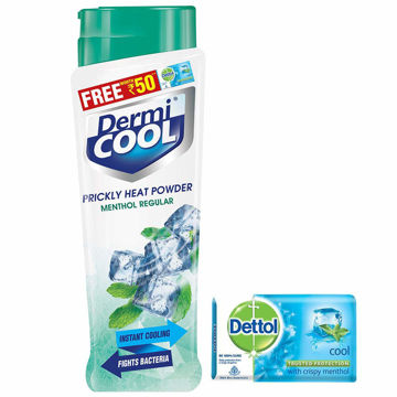 Picture of DermiCool Prickly Heat Powder, Menthol Regular 150g (Free Dettol Cool Soap, 125g Worth Rs 50)