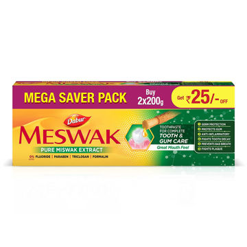 Picture of Dabur Meswak India's No-1 Fluoride Free Toothpaste with Antibacterial, Anti Inflammatory & Astringent benefits ,Helps fight Plaque, Tartar, Cavity and Tooth Decayy 400gm(200gm*2)